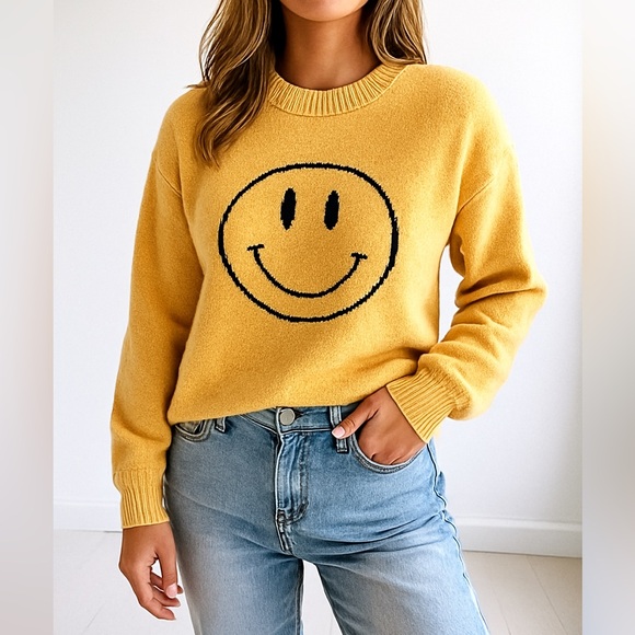 Miss Sparkling Sweaters - Miss Sparkling Yellow Smiley Face Sweater M | Happy Face Knit Cozy Crewneck